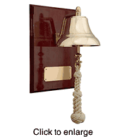 6" Brass Bell Mounted on Wood  Plaque - click to enlarge