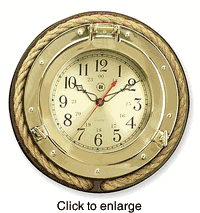 Brass Nautical Porthole Clock with Rope  -  13". - click to enlarge
