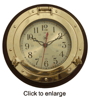 Brass Porthole Clock on Solid Wood - 13". - click to enlarge