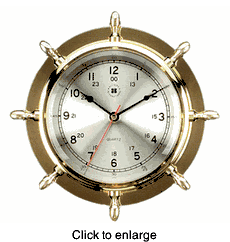 Brass Ship's Wheel Clock  -  9.5". - click to enlarge