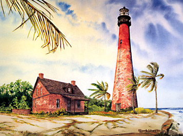 Cape Florida, FL. Lighthouse: Watercolor Print.