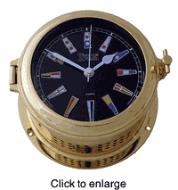 Martinique Nautical Brass Flag Quartz Clock, Black Dial with Color Flags - click to enlarge