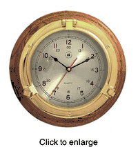 Nautical Brass Porthole Clock on Oak  -  9.5". - click to enlarge