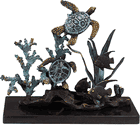 Nautical Brass Sea Turtles, and Fish Sculpture on Black Marble Base