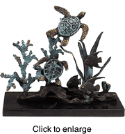 Nautical Brass Sea Turtles, and Fish Sculpture on Black Marble Base - click to enlarge