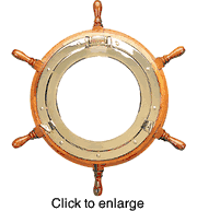 Nautical Wood Ship Wheel with Brass Porthole Mirror 18" - click to enlarge