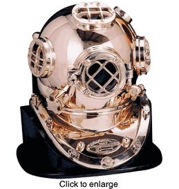 Reduced Size Brass Replica Diving Helmet for Nautical Decor with wood stand - click to enlarge