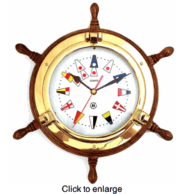 Ship's Wheel Nautical Clock - 13.5". - click to enlarge