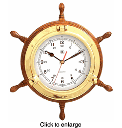 Ship's Wheel Nautical Quartz Clock - 13.5". - click to enlarge