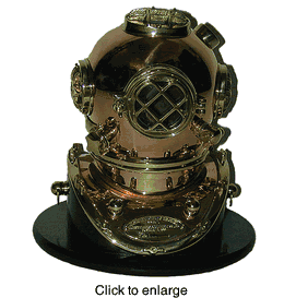 Small Reproduction Diving Helmet for Nautical Decor - with wood stand - click to enlarge