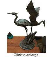 Two Brass Herons with Verdi Patina on Rock - click to enlarge