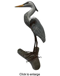 WOOD SCULPTURE: BLUE HERON<title> Wooden hand carved & hand painted bird collectible</title> - click to enlarge