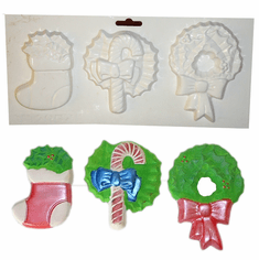 3 ON 1 CHRISTMAS PLASTER MOLD (STOCKING, WREATH, CANDY CANE)