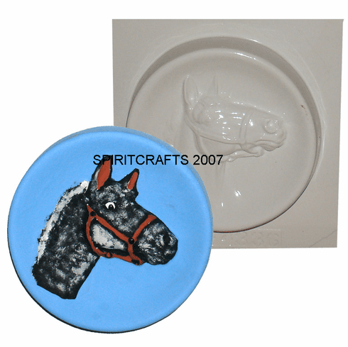ROUND HORSE <BR>PLAQUE PLASTER <BR>MOLD (6.25" DIA)