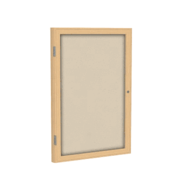 1 Door Fabric Bulletin Board with Oak Wood Frame, 24"H x 18"W, Beige - Click to enlarge