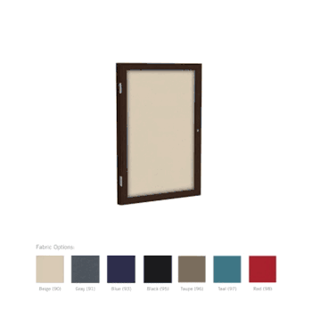 1 Door Fabric Bulletin Board with Walnut Frame, 36"H x 24"W, Taupe - Click to enlarge