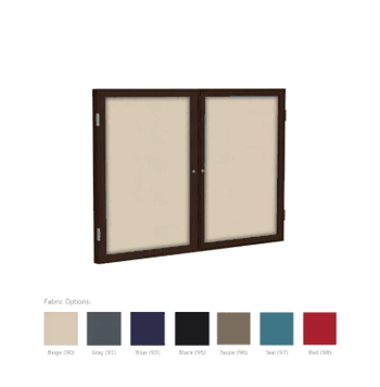 2 Door Fabric Bulletin Board with Walnut Frame, 48"H x 60"W, Red - Click to enlarge