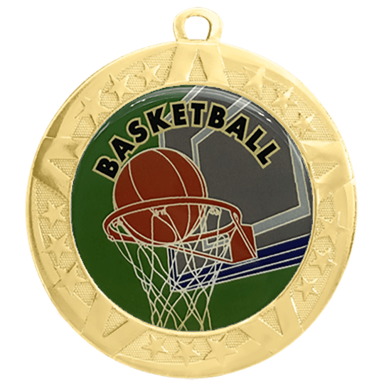 2 3/4 inch Basketball medals with a gold frame and 2 inch Epoxy dome