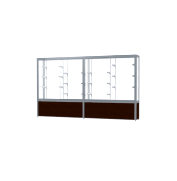 Challenger Walnut Vinyl Display Case, White Laminate Back w/ Satin Natural aluminum frame finish, 66"H x 120"W x 16"D - Click to enlarge