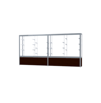Challenger Walnut Vinyl Display Case, White Laminate Back w/ Satin Natural aluminum frame finish, 66"H x 144"W x 16"D - Click to enlarge