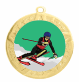 Downhill Skiing Epoxy Dome Insert Medal - Gold Frame, 2 3/4"