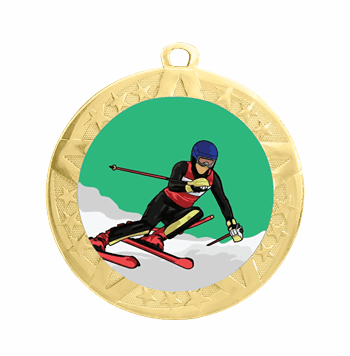 Downhill Skiing Epoxy Dome Insert Medal - Gold Frame, 2 3/4" - Click to enlarge