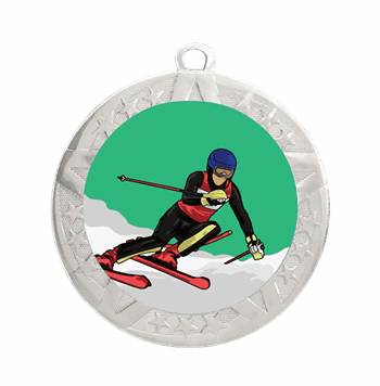 Downhill Skiing Epoxy Dome Insert Medal - Silver Frame, 2 3/4" - Click to enlarge
