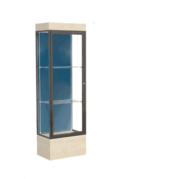 Edge Lighted Floor Display Case, 12" Beigewood Base w/ Blue Steel Back and Dark Bronze Aluminum Frame, 76"H x 24"W x 20"D - Click to enlarge