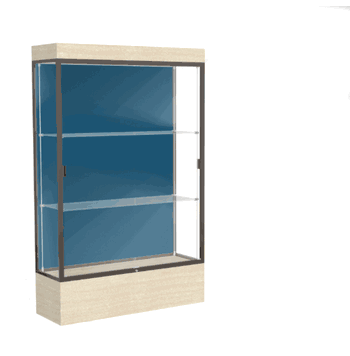 Edge Lighted Floor Display Case, 12" Beigewood Base w/ Blue Steel Back and Dark Bronze Aluminum Frame, 76"H x 48"W x 20"D - Click to enlarge