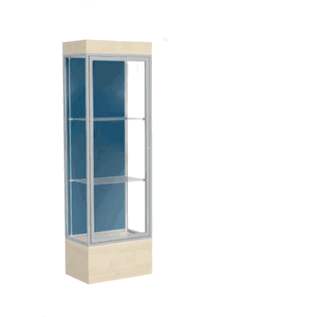Edge Lighted Floor Display Case, 12" Beigewood Base w/ Blue Steel Back and Satin Natural Aluminum Frame, 76"H x 24"W x 20"D - Click to enlarge