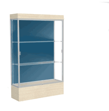 Edge Lighted Floor Display Case, 12" Beigewood Base w/ Blue Steel Back and Satin Natural Aluminum Frame, 76"H x 48"W x 20"D - Click to enlarge
