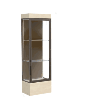 Edge Lighted Floor Display Case, 12" Beigewood Base w/ Chocolate Back and Dark Bronze Aluminum Frame, 76"H x 24"W x 20"D - Click to enlarge