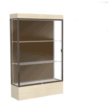Edge Lighted Floor Display Case, 12" Beigewood Base w/ Chocolate Back and Dark Bronze Aluminum Frame, 76"H x 48"W x 20"D - Click to enlarge