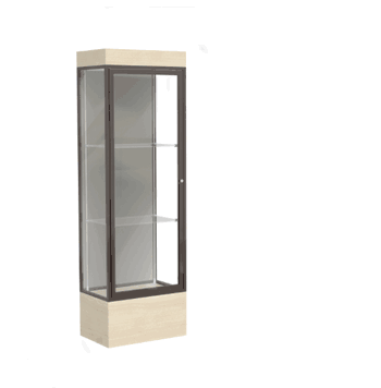 Edge Lighted Floor Display Case, 12" Beigewood Base w/ Harbor Back and Dark Bronze Aluminum Frame, 76"H x 24"W x 20"D - Click to enlarge