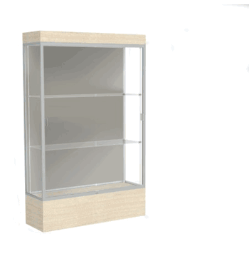Edge Lighted Floor Display Case, 12" Beigewood Base w/ Harbor Back and Satin Natural Aluminum Frame, 76"H x 48"W x 20"D - Click to enlarge