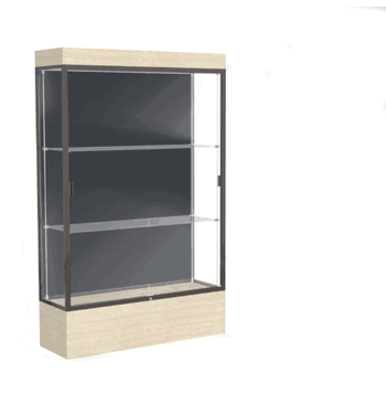 Edge Lighted Floor Display Case, 12" Beigewood Base w/ Slate Back and Dark Bronze Aluminum Frame, 76"H x 48"W x 20"D - Click to enlarge