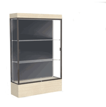 Edge Lighted Floor Display Case, 12" Beigewood Base w/ Slate Back and Dark Bronze Aluminum Frame, 76"H x 48"W x 20"D - Click to enlarge