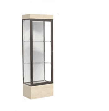 Edge Lighted Floor Display Case, 12" Beigewood Base w/ White Back and Dark Bronze Aluminum Frame, 76"H x 24"W x 20"D - Click to enlarge