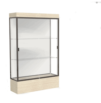 Edge Lighted Floor Display Case, 12" Beigewood Base w/ White Back and Dark Bronze Aluminum Frame, 76"H x 48"W x 20"D - Click to enlarge