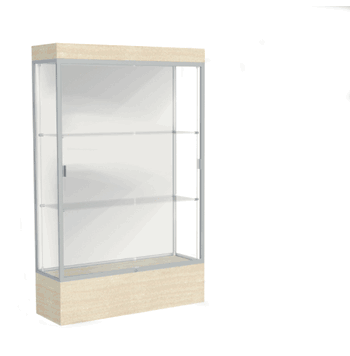 Edge Lighted Floor Display Case, 12" Beigewood Base w/ White Back and Satin Natural Aluminum Frame, 76"H x 48"W x 20"D - Click to enlarge