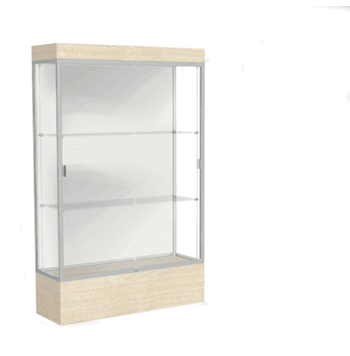 Edge Lighted Floor Display Case, 12" Beigewood Base w/ White Back and Satin Natural Aluminum Frame, 76"H x 48"W x 20"D - Click to enlarge