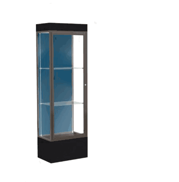 Edge Lighted Floor Display Case, 12" Black Base w/ Blue Steel Back and Dark Bronze Aluminum Frame, 76"H x 24"W x 20"D - Click to enlarge