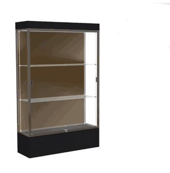 Edge Lighted Floor Display Case, 12" Black Base w/ Chocolate Back and Dark Bronze Aluminum Frame, 76"H x 48"W x 20"D - Click to enlarge
