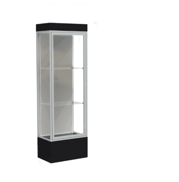 Edge Lighted Floor Display Case, 12" Black Base w/ Harbor Back and Satin Natural Aluminum Frame, 76"H x 24"W x 20"D - Click to enlarge