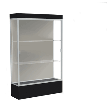 Edge Lighted Floor Display Case, 12" Black Base w/ Harbor Back and Satin Natural Aluminum Frame, 76"H x 48"W x 20"D - Click to enlarge