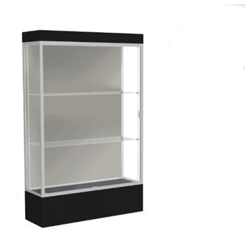 Edge Lighted Floor Display Case, 12" Black Base w/ Harbor Back and Satin Natural Aluminum Frame, 76"H x 48"W x 20"D - Click to enlarge