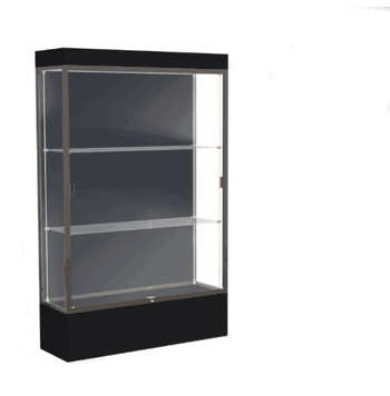 Edge Lighted Floor Display Case, 12" Black Base w/ Slate Back and Dark Bronze Aluminum Frame, 76"H x 48"W x 20"D - Click to enlarge