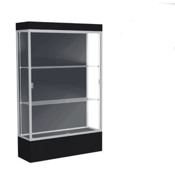 Edge Lighted Floor Display Case, 12" Black Base w/ Slate Back and Satin Natural Aluminum Frame, 76"H x 48"W x 20"D - Click to enlarge