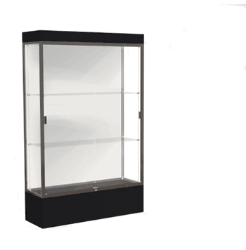 Edge Lighted Floor Display Case, 12" Black Base w/ White Back and Dark Bronze Aluminum Frame, 76"H x 48"W x 20"D - Click to enlarge