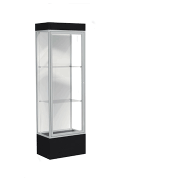 Edge Lighted Floor Display Case, 12" Black Base w/ White Back and Satin Natural Aluminum Frame, 76"H x 24"W x 20"D - Click to enlarge